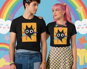 Clowncore Black Cat T-Shirt | Hand-Drawn Look Kidcore Unisex Cotton Tee, Jester Black Cat Shirt