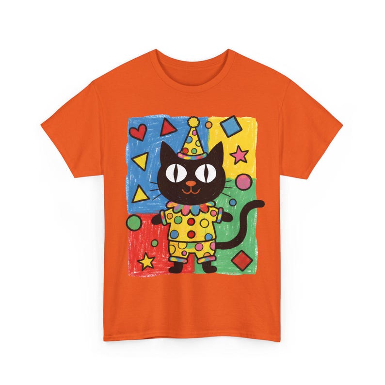 Kawaii Kidcore Clowncore Unisex Cotton Tee | Aesthetic Hand Drawn Look Shirt | Funky Black Cat Lover Gift Orange
