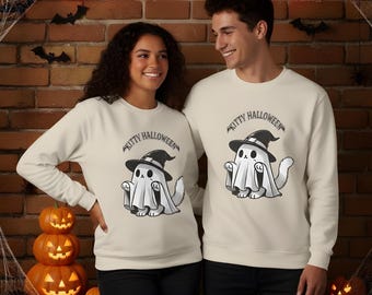Sudadera unisex de cuello redondo de mezcla gruesa con diseño de gato para Halloween