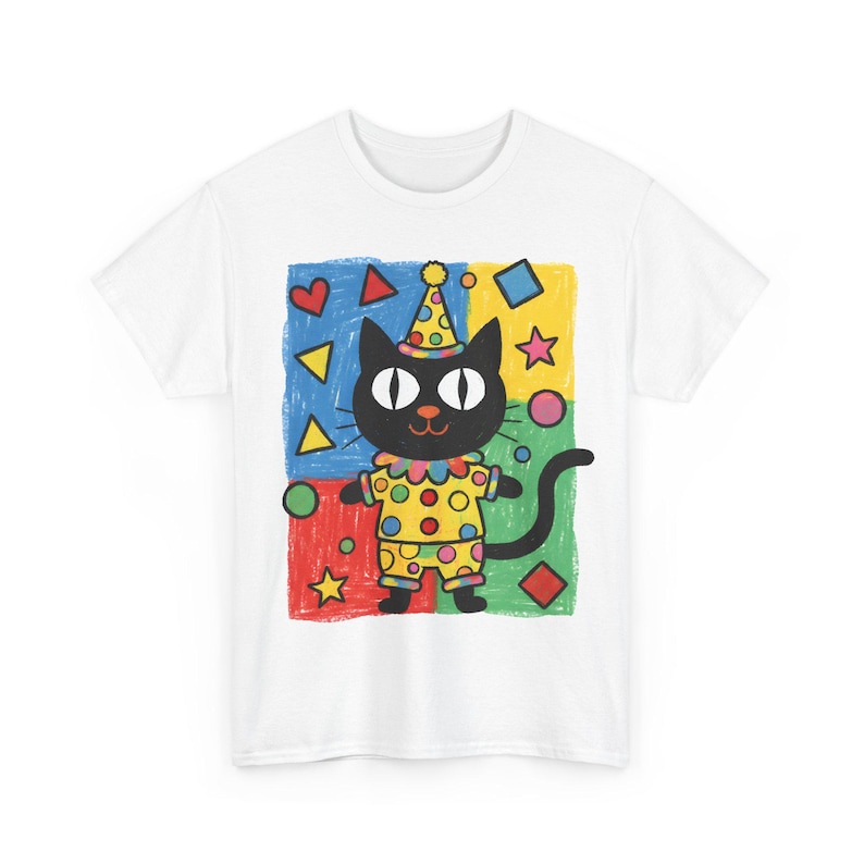 Kawaii Kidcore Clowncore Unisex Cotton Tee | Aesthetic Hand Drawn Look Shirt | Funky Black Cat Lover Gift White