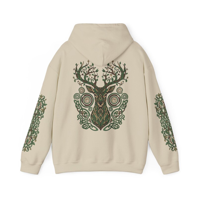 Sudadera con capucha de ciervo del bosque: estampado de astas de árbol en la espalda, diseño Nature Spirit Sand