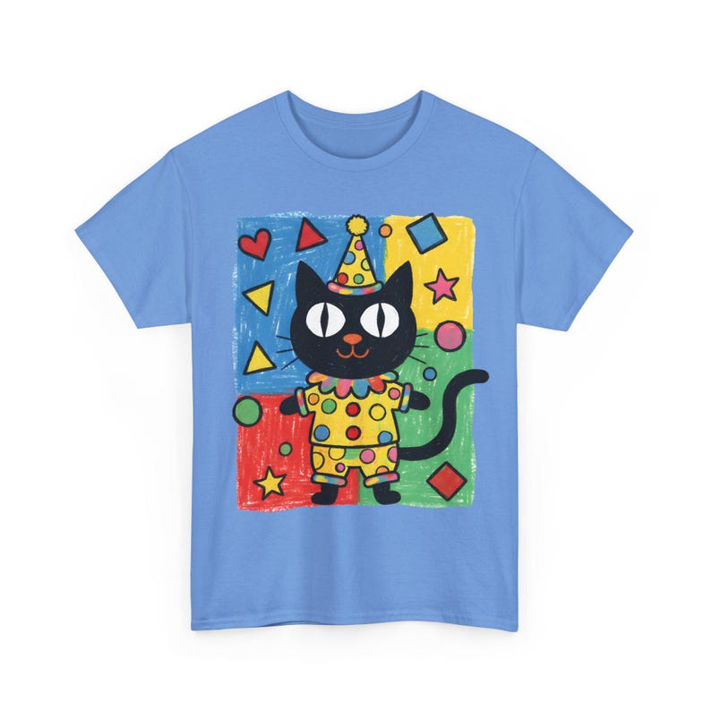 Kawaii Kidcore Clowncore Unisex Cotton Tee | Aesthetic Hand Drawn Look Shirt | Funky Black Cat Lover Gift Carolina Blue