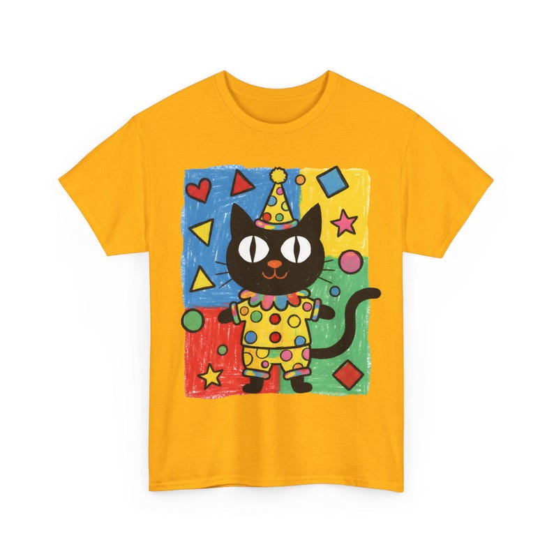 Kawaii Kidcore Clowncore Unisex Cotton Tee | Aesthetic Hand Drawn Look Shirt | Funky Black Cat Lover Gift Gold