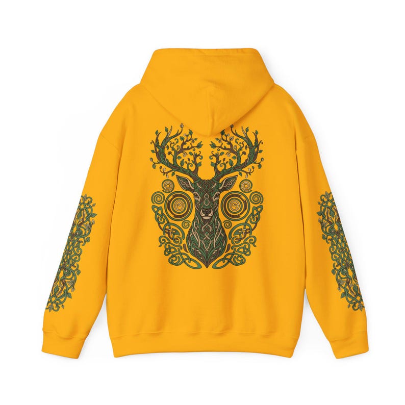 Sudadera con capucha de ciervo del bosque: estampado de astas de árbol en la espalda, diseño Nature Spirit Gold
