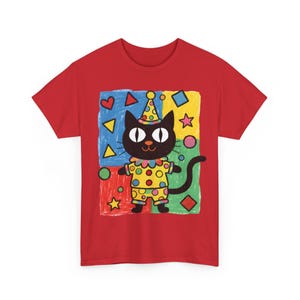 Kawaii Kidcore Clowncore Unisex Cotton Tee | Aesthetic Hand Drawn Look Shirt | Funky Black Cat Lover Gift Red