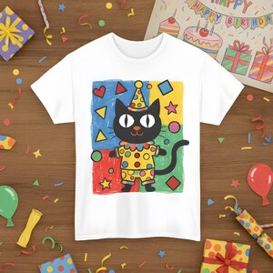 Kawaii Kidcore Clowncore Unisex Cotton Tee | Aesthetic Hand Drawn Look Shirt | Funky Black Cat Lover Gift image 2