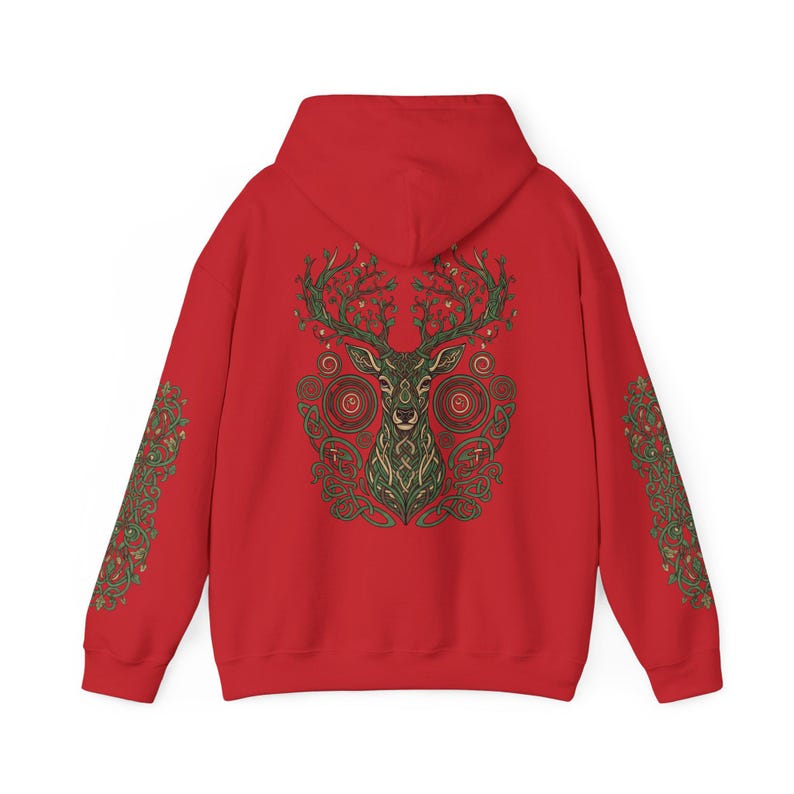 Sudadera con capucha de ciervo del bosque: estampado de astas de árbol en la espalda, diseño Nature Spirit Red