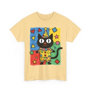Kawaii Kidcore Clowncore Unisex Cotton Tee | Aesthetic Hand Drawn Look Shirt | Funky Black Cat Lover Gift Yellow Haze