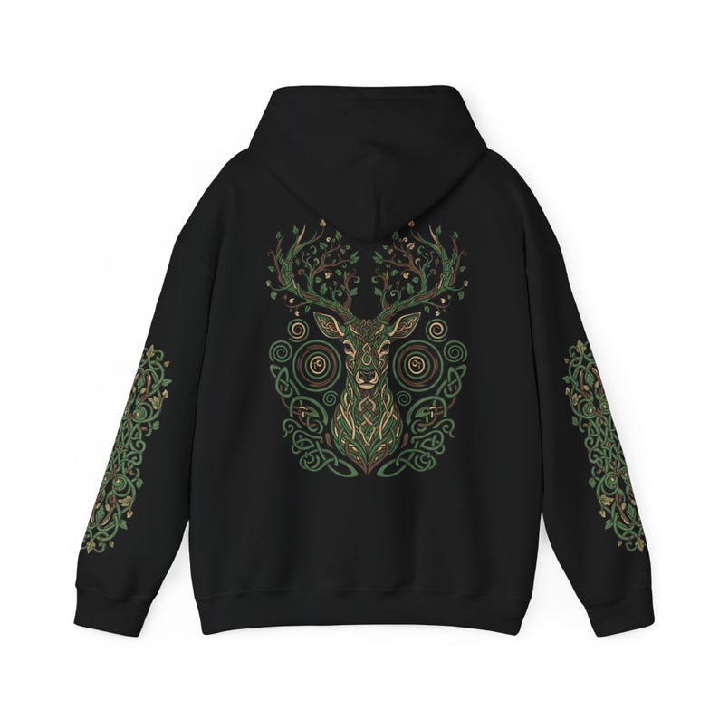 Sudadera con capucha de ciervo del bosque: estampado de astas de árbol en la espalda, diseño Nature Spirit Black