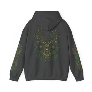 Sudadera con capucha de ciervo del bosque: estampado de astas de árbol en la espalda, diseño Nature Spirit Dark Heather