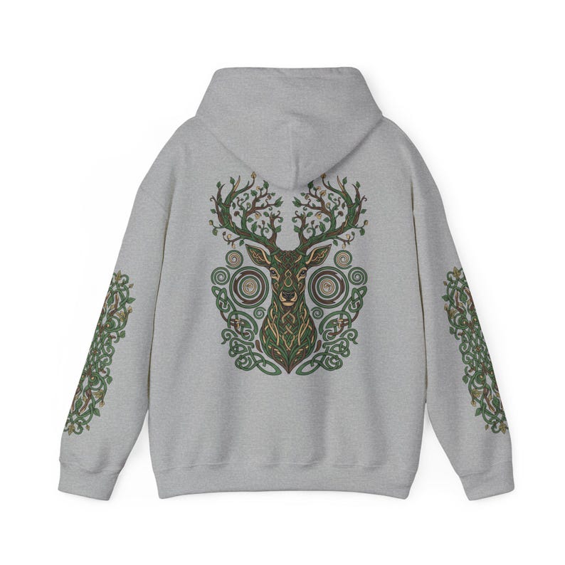 Sudadera con capucha de ciervo del bosque: estampado de astas de árbol en la espalda, diseño Nature Spirit Sport Grey