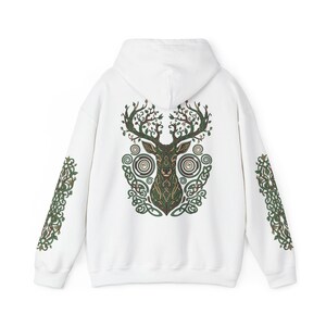 Sudadera con capucha de ciervo del bosque: estampado de astas de árbol en la espalda, diseño Nature Spirit White