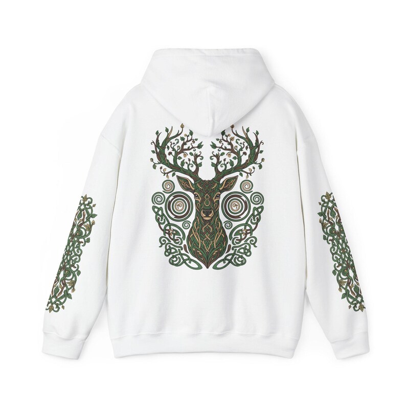 Sudadera con capucha de ciervo del bosque: estampado de astas de árbol en la espalda, diseño Nature Spirit White