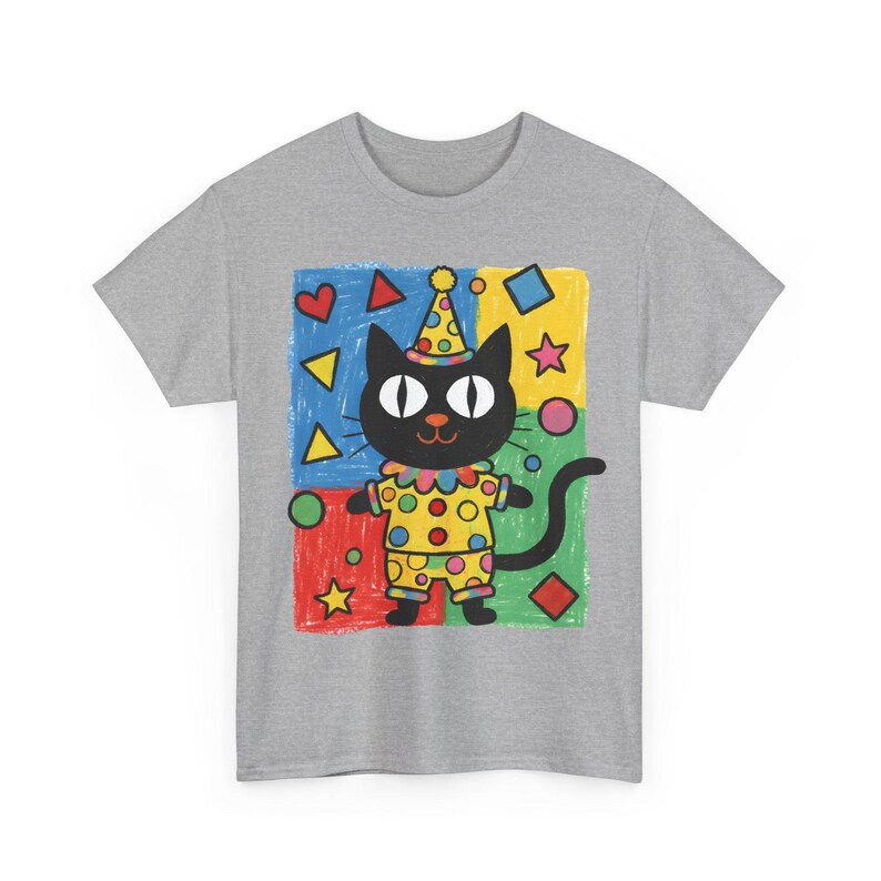 Kawaii Kidcore Clowncore Unisex Cotton Tee | Aesthetic Hand Drawn Look Shirt | Funky Black Cat Lover Gift Sport Grey