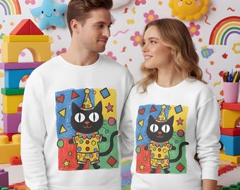 Kawaii Kidcore Clowncore Unisex Sweatshirt | Aesthetic Hand Drawn Look Sweatshirt | Funky Black Cat Lover Gift