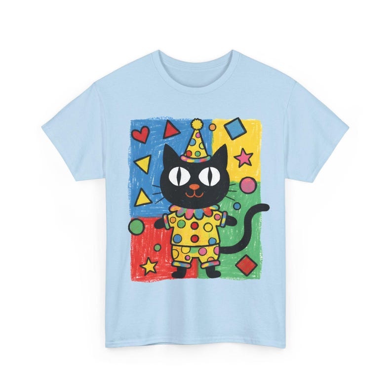 Kawaii Kidcore Clowncore Unisex Cotton Tee | Aesthetic Hand Drawn Look Shirt | Funky Black Cat Lover Gift Light Blue