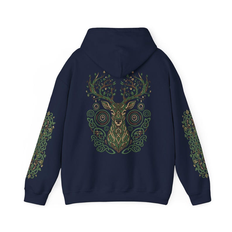 Sudadera con capucha de ciervo del bosque: estampado de astas de árbol en la espalda, diseño Nature Spirit Navy