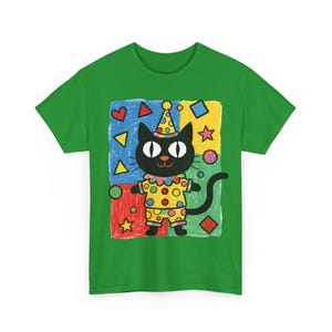 Kawaii Kidcore Clowncore Unisex Cotton Tee | Aesthetic Hand Drawn Look Shirt | Funky Black Cat Lover Gift Irish Green