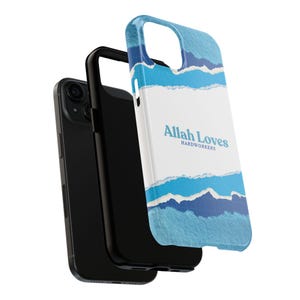 May include: A black phone with a protective case. The case has a blue and white design with the text "Allah Loves Hardworkers". The case is made of a hard plastic material.