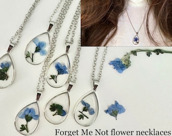 Forget Me Not NECKLACE real flower blue dried pressed resin teardrop charm pendant silver chain handmade Laura Rispoli flowers gift epoxy