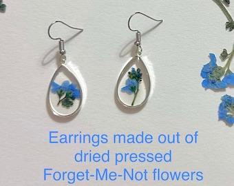Forget Me Not EARRINGS real flowers blue dried pressed flower in resin in silver teardrop charms handmade Laura Rispoli flowers epoxy gift