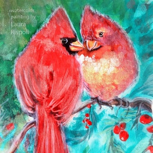 Print or cards or postcards of watercolor painting by Laura Rispoli Cardinals on a Branch love red birds prints 5x7 or matted to 8x10 art image 1
