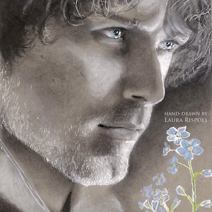 Stampa o cartoline o biglietti di disegno a carboncino di Laura Rispoli - ritratto non ti scordar di me stampe o biglietti di auguri dipinto a mano blu