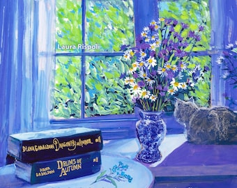 Print or notecards of painting by Laura Rispoli Blue Vase Window gray cat windowsill light green daisies thistles art, prints, cards