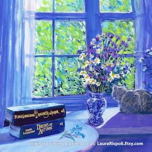 Impression ou cartes ou cartes postales de peinture de Laura Rispoli Vase bleu fenêtre chat gris rebord de fenêtre marguerites vert clair chardons tirages d'art cartes