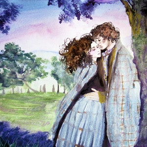 Impresión o tarjetas o postales de impresiones en acuarela de la pintura original de Laura Rispoli Amor arte abrazo abrazo por piedras paradas forastero