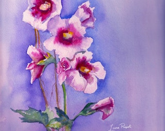 Print or cards of painting by Laura Rispoli watercolor hollyhocks Hollyhock Flowers pink and blue purple spring summer art