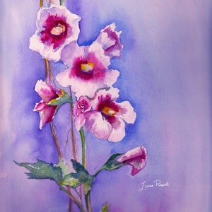 Print or cards of painting by Laura Rispoli watercolor hollyhocks Hollyhock Flowers pink and blue purple spring summer art
