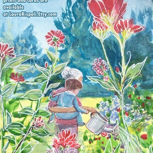 Impression ou cartes de peinture par Laura Rispoli, grand-mère et bébé petit-fils arrosant des fleurs, des plantes du jardin, des cadeaux pour la fête des mères, des cadeaux d'aquarelle