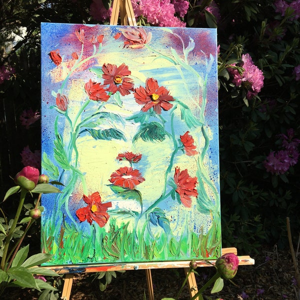 print or notecards of Flower Face Oil Painting by Laura Rispoli thick impasto art, prints, note cards Illusion painting feminine