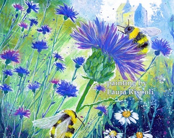 Original or Print or Notecards of painting by Laura Rispoli Hello happy bees daisies thistles art prints cards wildflowers castle watercolor