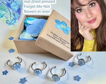 Forget Me Not RING real flower blue dried pressed in resin Laura Rispoli flowers handmade gift epoxy white background open rings forgetmenot