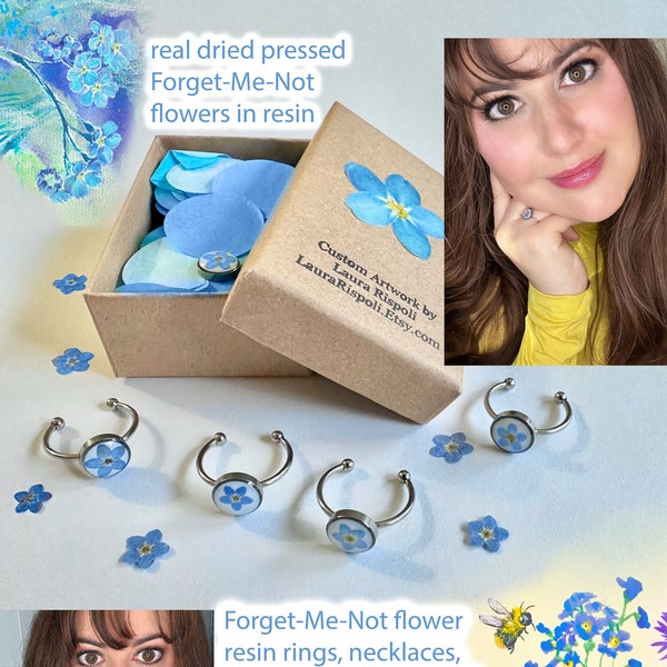 Forget Me Not RING real flower blue dried pressed in resin Laura Rispoli flowers handmade gift epoxy white background open rings forgetmenot