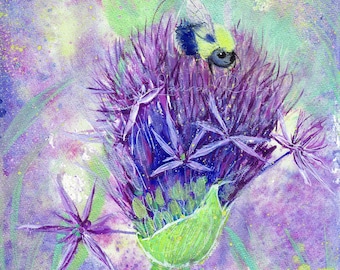 Original or Print or cards of painting by Laura Rispoli Happy Bumblebee on allium flower purple thistle lavender wildflower watercolor art