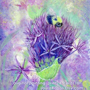 Original or Print or cards of painting by Laura Rispoli Happy Bumblebee on allium flower purple thistle lavender wildflower watercolor art image 1