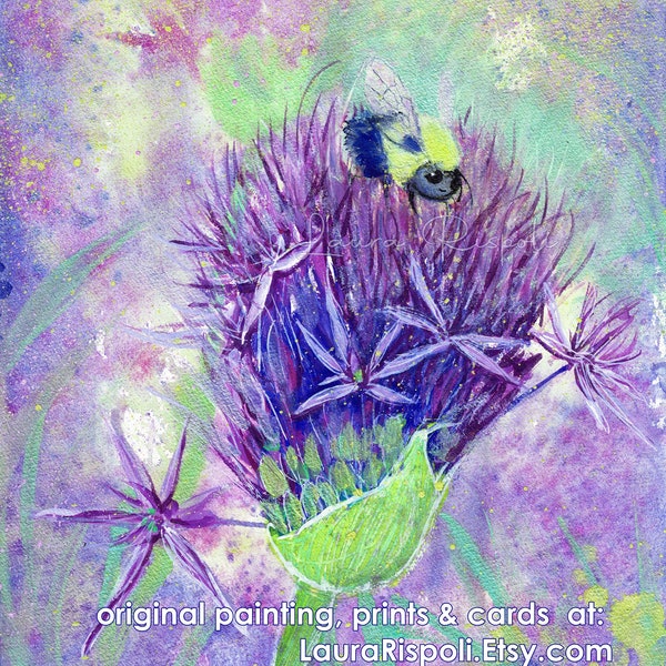 Original or Print or cards of painting by Laura Rispoli Happy Bumblebee on allium flower purple thistle lavender wildflower watercolor art