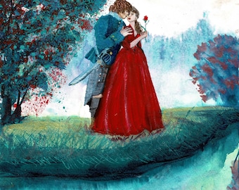 Print or cards or postcards of watercolor painting Red dress scarlet lady holding a rose hero looking in each other’s eyes art Laura Rispoli