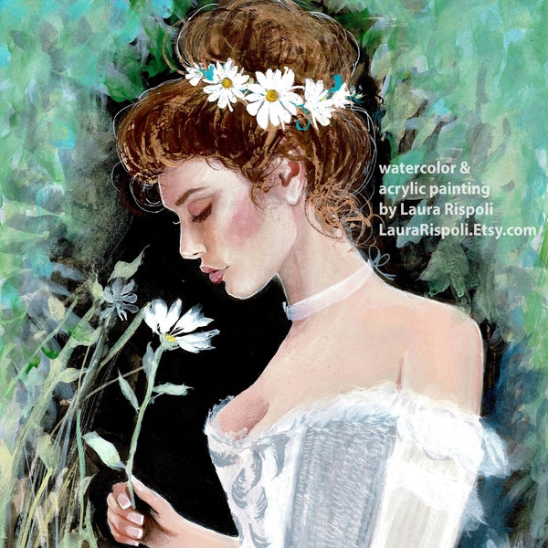 print of watercolor and acrylic painting by Laura Rispoli Lady Daisies mixed media handmade art or print