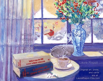 Original or Print or Cards of painting by Laura Rispoli WINTER WINDOW gray cat sleeping thistle teacup books snow art Christmas card art