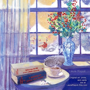 Peinture originale, impression ou cartes de Laura Rispoli, chat gris de fenêtre d'hiver, chardon endormi, livres, tasse de thé, art de la neige, art de la carte de Noël