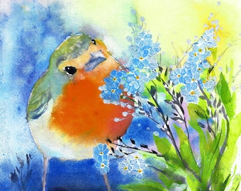 Original, print, or cards watercolor painting by Laura Rispoli Forget me Nots Robin flowers European bird, original art, prints, notecards