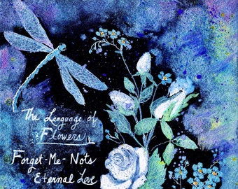 Print or cards or postcards of watercolor painting by Laura Rispoli Forget Me Nots White Roses dragonfly art 4x6 5x7 or 8x10 eternal love