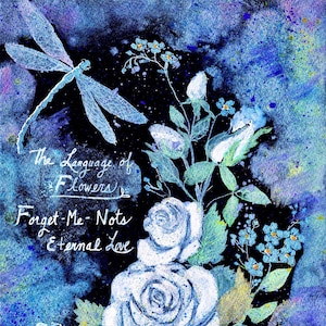 Impressão ou cartões ou cartões postais de pintura em aquarela de Laura Rispoli Forget Me Nots White Roses libélula arte 4x6 5x7 ou 8x10 amor eterno