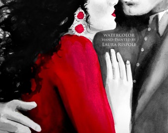 Print of painting by Laura Rispoli Lady in Red WATERCOLOR black and white ink glamorous romantic love hug art