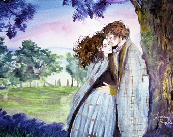 May include: A watercolor painting of a couple embracing under a tree. The woman has long brown hair and is wearing a blue dress. The man has short brown hair and is wearing a plaid shirt. The background is a soft, pastel landscape with trees and a distant horizon.