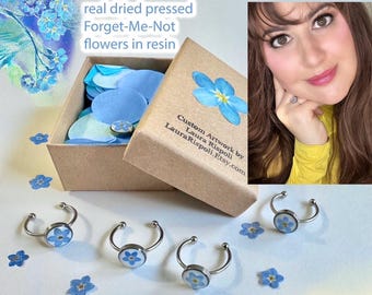 Forget Me Not RING real flower blue dried pressed in resin Laura Rispoli flowers handmade gift epoxy white background open rings forgetmenot